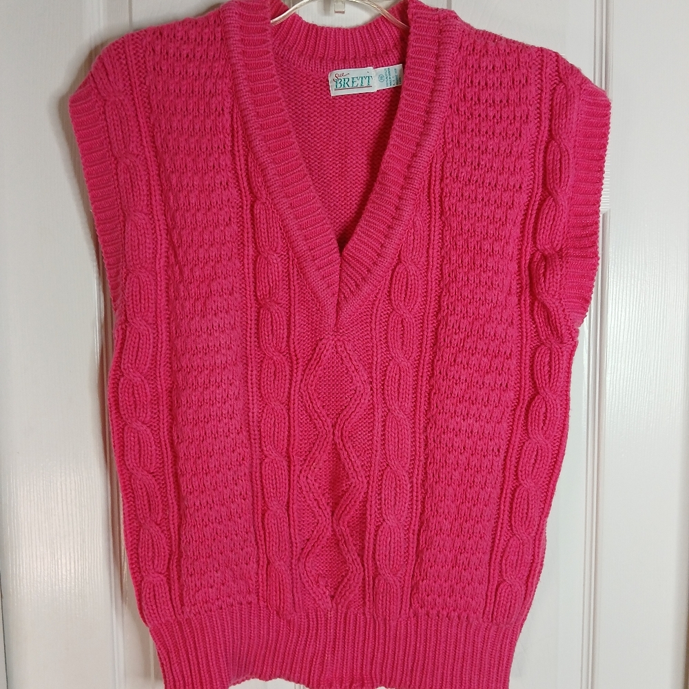 Vintage 80s Pink Cable Knit V-Neck Sweater Vest See measurements